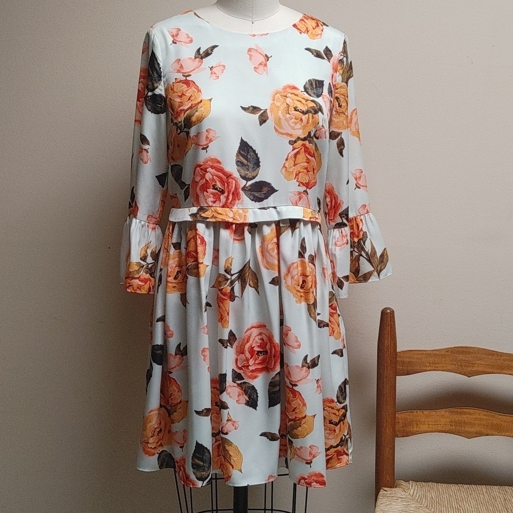 CeCe Seafoam with Orange Roses Party Dress Sz 4